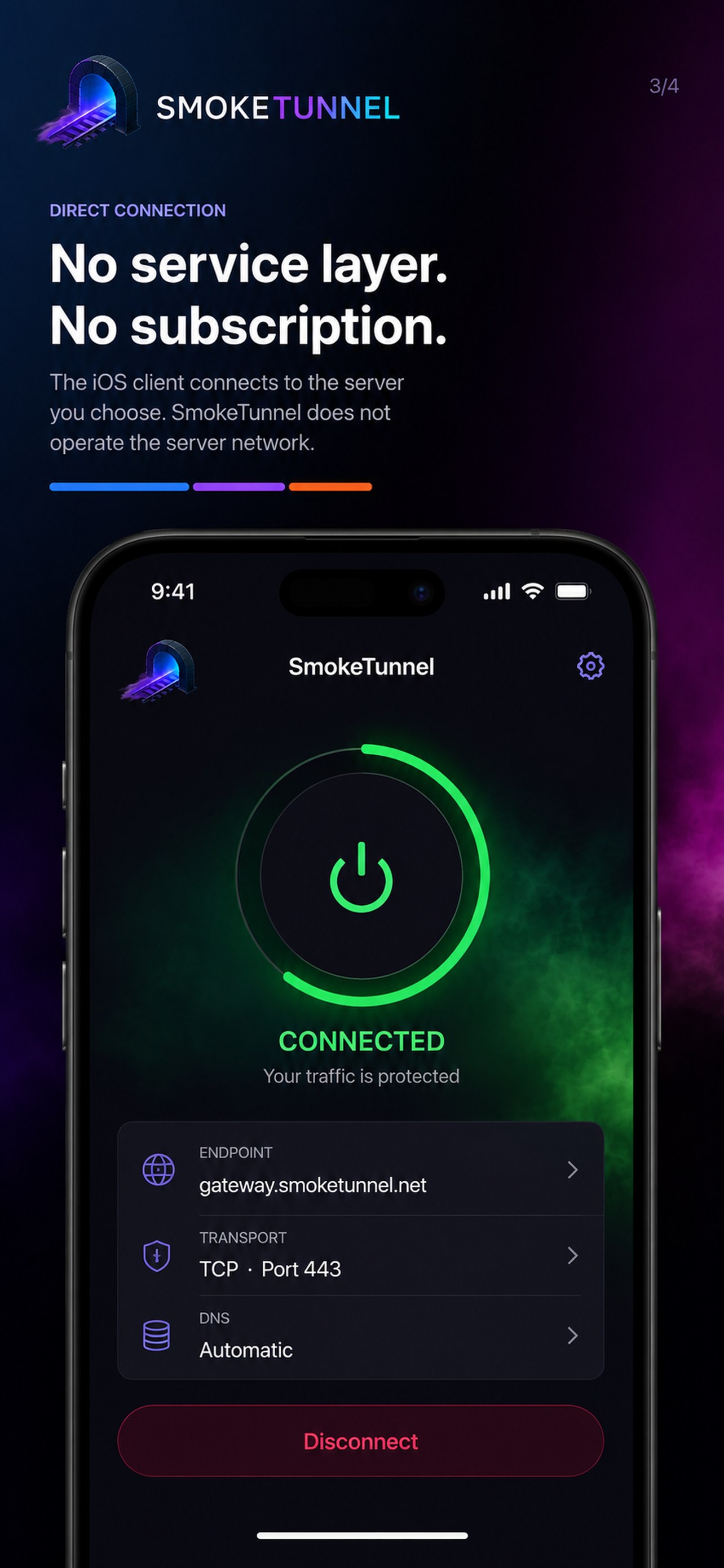 SmokeTunnel iOS connected status screen