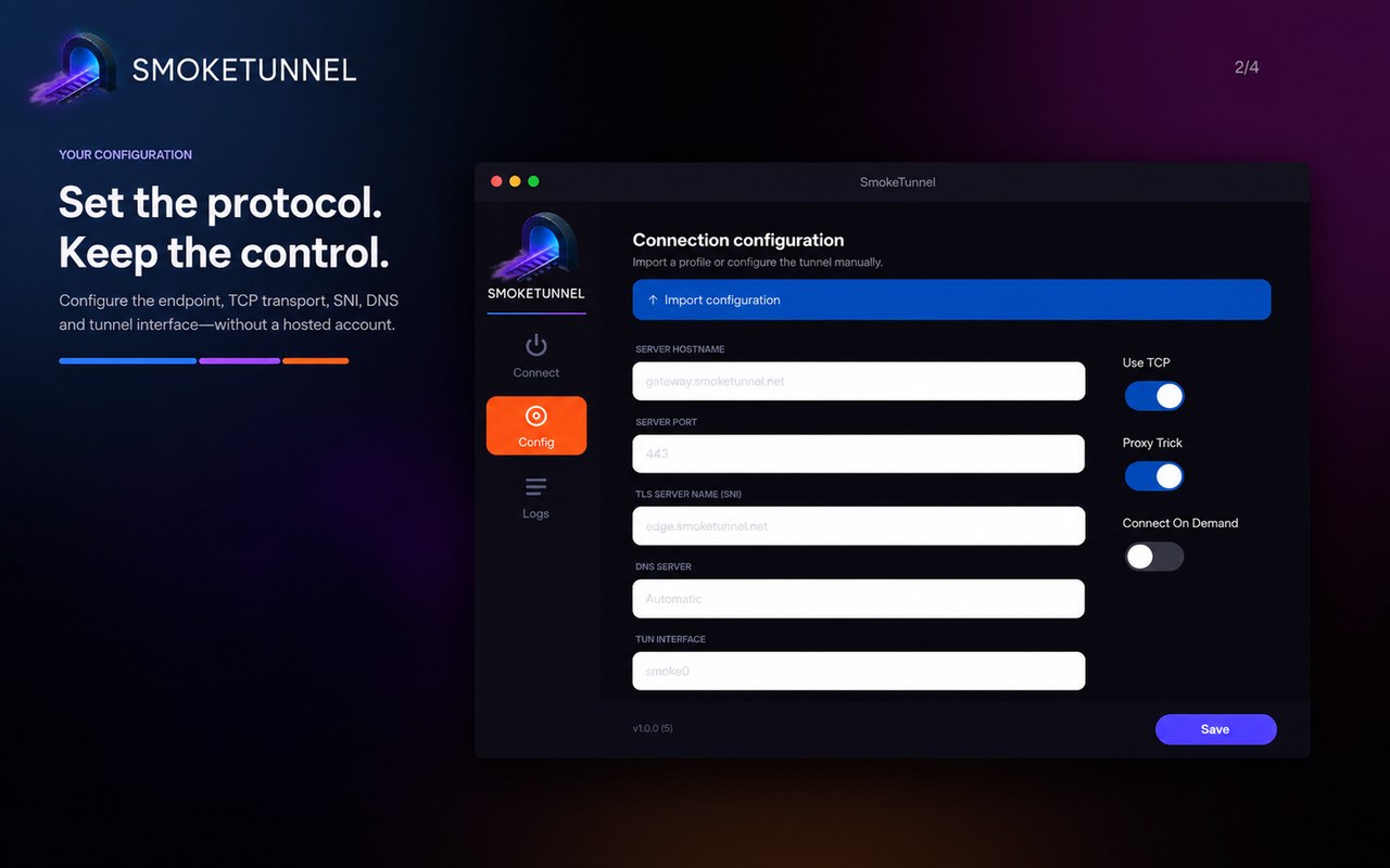 SmokeTunnel connection configuration screen