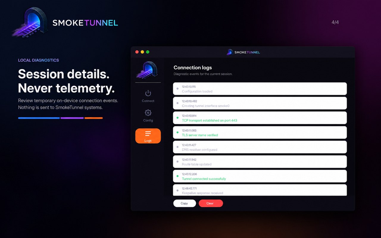 SmokeTunnel local diagnostics screen